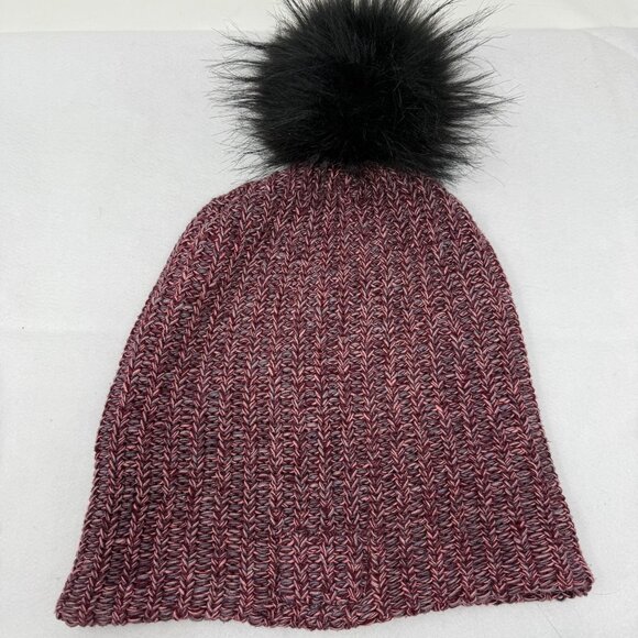 Love Your Melon Knit Beanie Faux Fur Pom Pom 100% Cotton Maroon Black Speckled - Picture 3 of 6